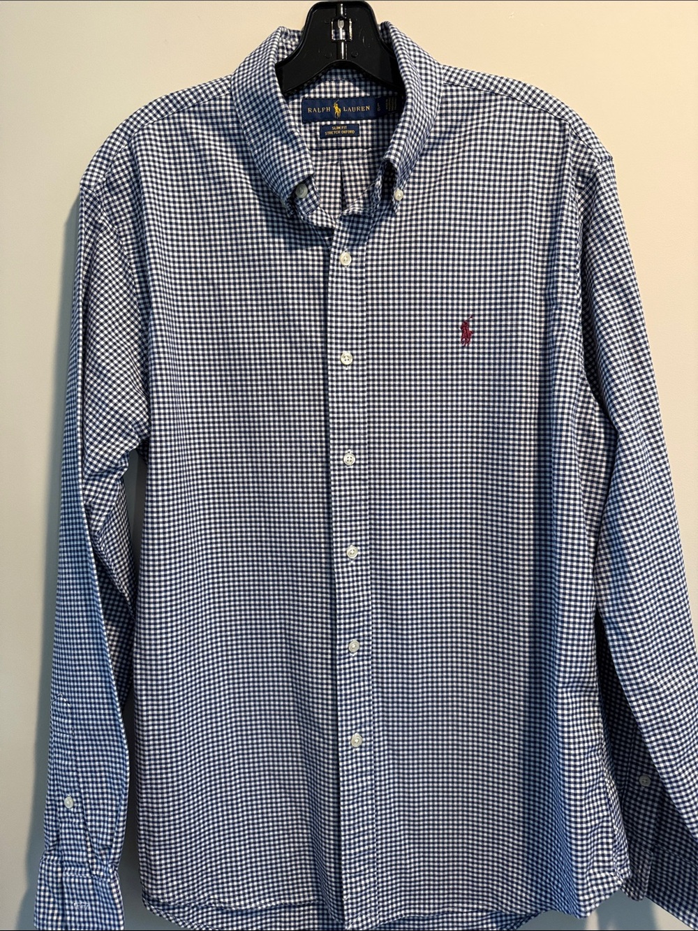 Ralph Lauren Blue & White Gingham Button-Down Shirt with Red Polo Logo